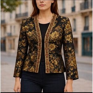 Maggy London Womens Black Floral Brocade Beaded Blazer Jacket Sz 10 Formal Event